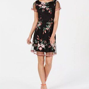 Adrianna Papell Floral Embroidered Tulle Overlay Dress, Black, Size 12